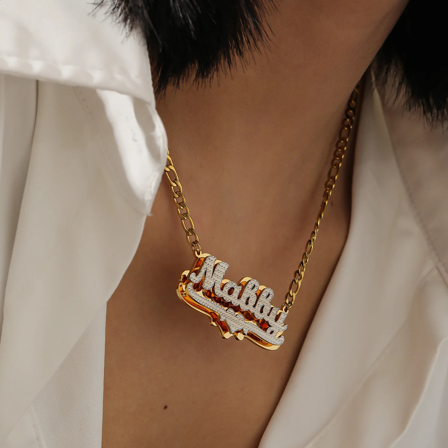 3D Custom Nameplate Necklace 18K Gold Plated Double Layer Two-Tone Personalized Name Necklaces With Heart Figaro Chain For Women 250529