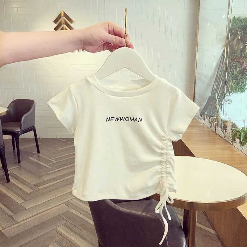 Summer Short Sleeved T-shirt Girls Fashionable Solid Tops Kids Drawstring Printed Sweet Pullover Children Clothes 1-6 Years Old T250603