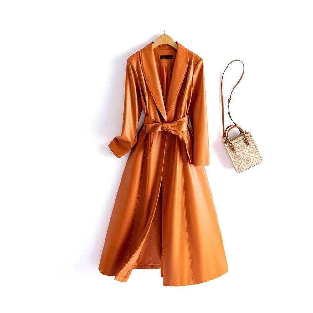 Sheepskin Long Trench Coats 2024 New Single-breasted Belt Pockets Chic Ladies Vintage Coffee Real Leather Jacket Outwear