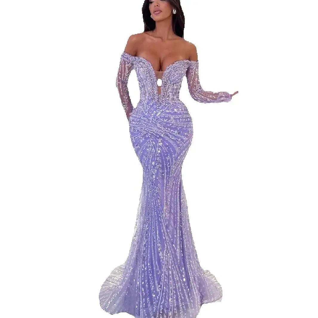 Sexy Crystal Mermaid Prom Dresses Off The Shoulder Sequined Lace Party Dresses Floor Length Customized Evening Dress
