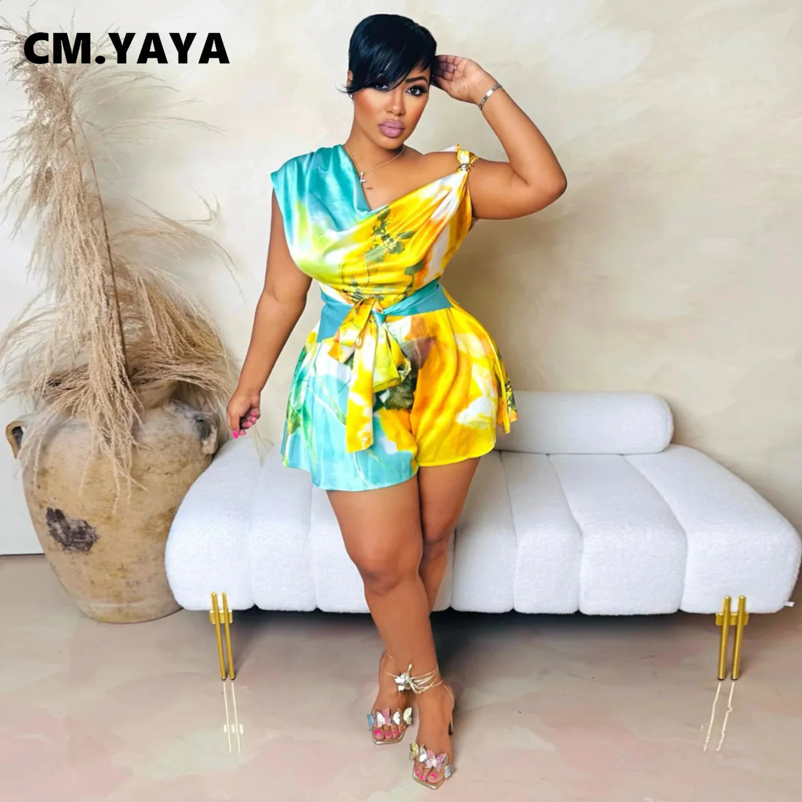 CM.YAYA Women Tie Dye Print Beach Sleeveless V-neck Sashes Sexy Party Club Playsuits Jumpsuit Summer One Piece Suit Rompers 250528