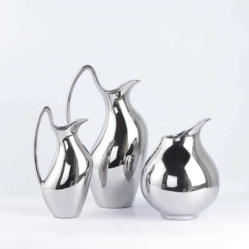 Creative Silver Pot Shaped Ceramic Vase Living Room Decoration Ornament Flower Arrangement Home Decoration Handicraft Y250603