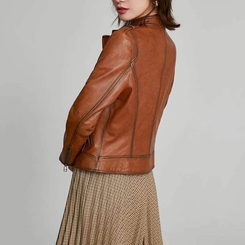 S-3XL Women's Real Leather Jackets Fashion Stand Collar Short Slim Diagonal Zipper Female First Layer Sheepskin Black Coat Tops