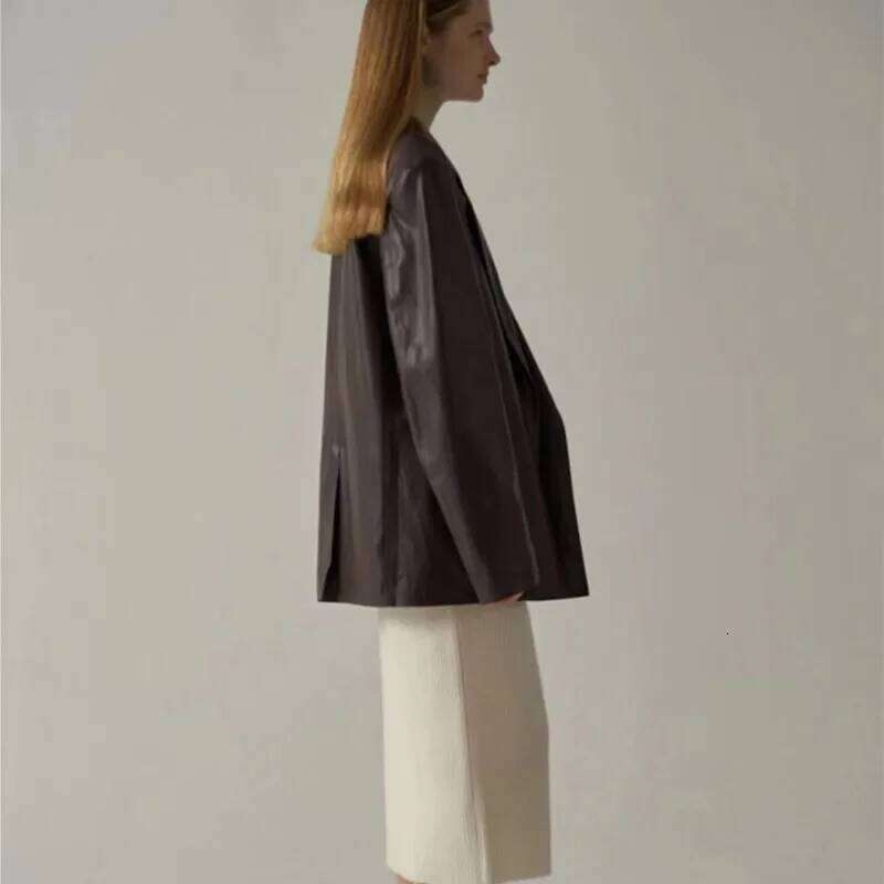 Leather Jacket Women Spring Autumn Style Loose Medium Length Niche Design Suit with Texture Simple and Atmospheric