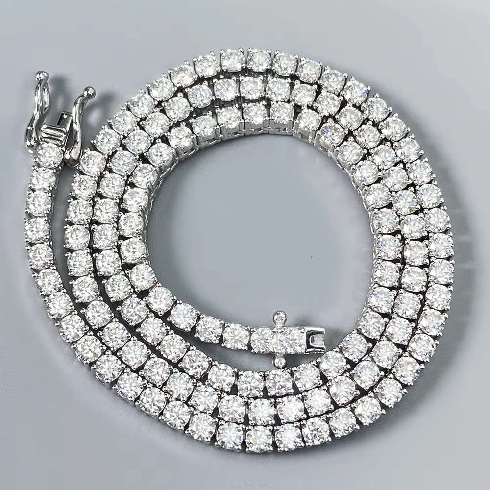 Iced Out Tennis Chain Rhodium Plated 925 Sterling Silver 3mm Moissanite Tennis Chain Hip Hop Necklaces Vvs Moissanite