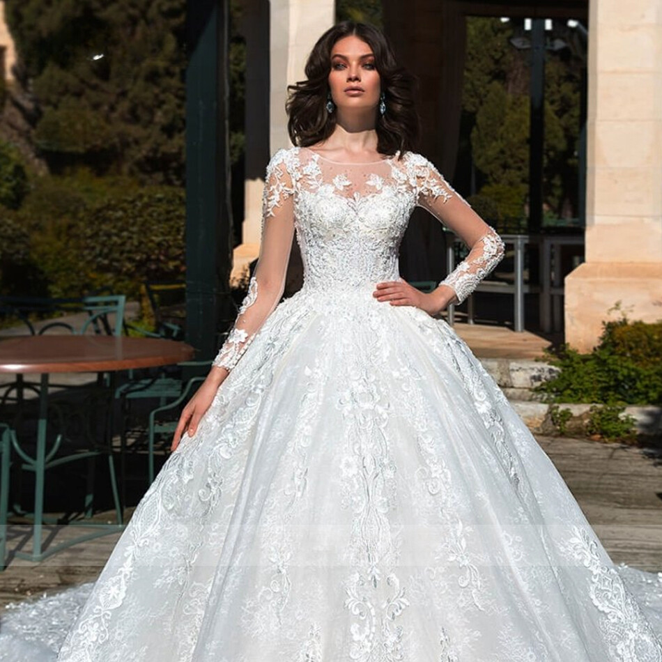 Luxury A-Line Wedding Dresses for Women Long Sleeve Brides Robe Ball Gown Boutique Bride Female Lace Applique Formal Customized