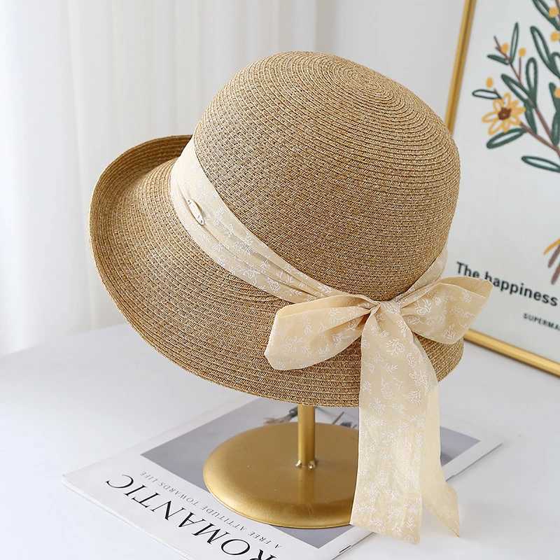 Womens Knitted Straw Fisherman Hat with Bow Ribbon Wide Brim Sun Hat Breathable UV Protection for Beach Wedding Travel Foldable W250602