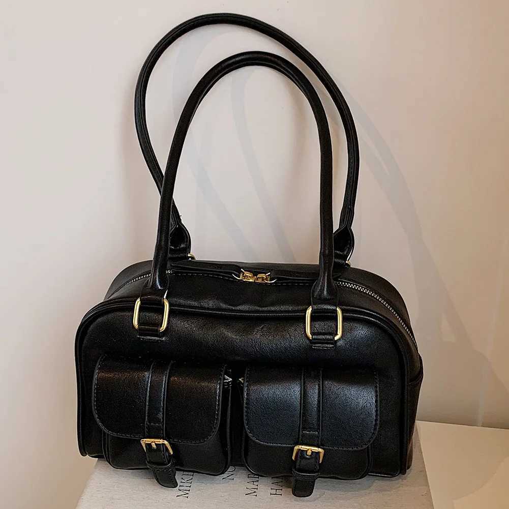 Shoulder Bags for Women PU Leather Double Pocket Female Boston Zipper Ladies Underarm Bag Retro Tote Handbag Sling Bag Y250603