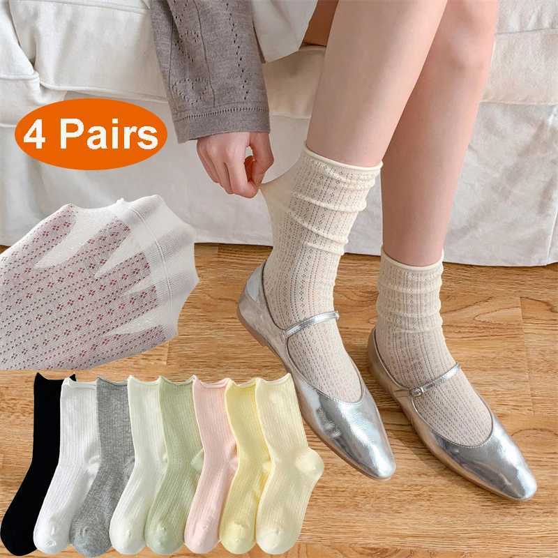 4 Pairs Socks For Women Thin Summer New Candy Color Hollow Out Loose Socks Womens Casual Basic Sweet Girls Fashion Long SocksT250602