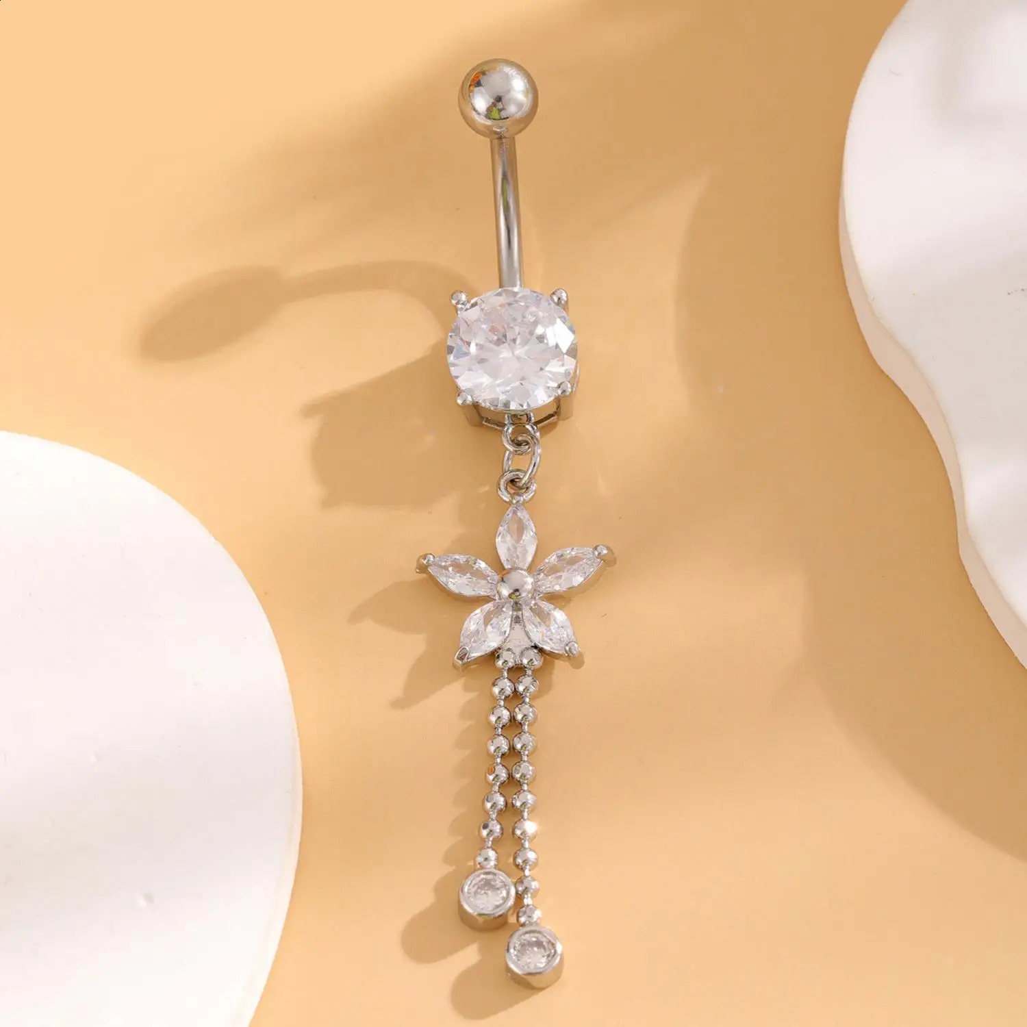16G Stainless Steel CZ Dangle Belly Button Piercing Flower Tassels Navel Ring Dangling Women Navel Piercing Rings Body Jewelry 250530
