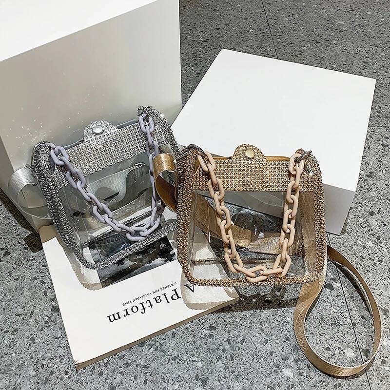 2025 New Transparent Slanted Shoulder Bag with Water Diamond Thick Chain Designer Women's Small Wallet and Handbag Fashion Jelly Summer Beach Han