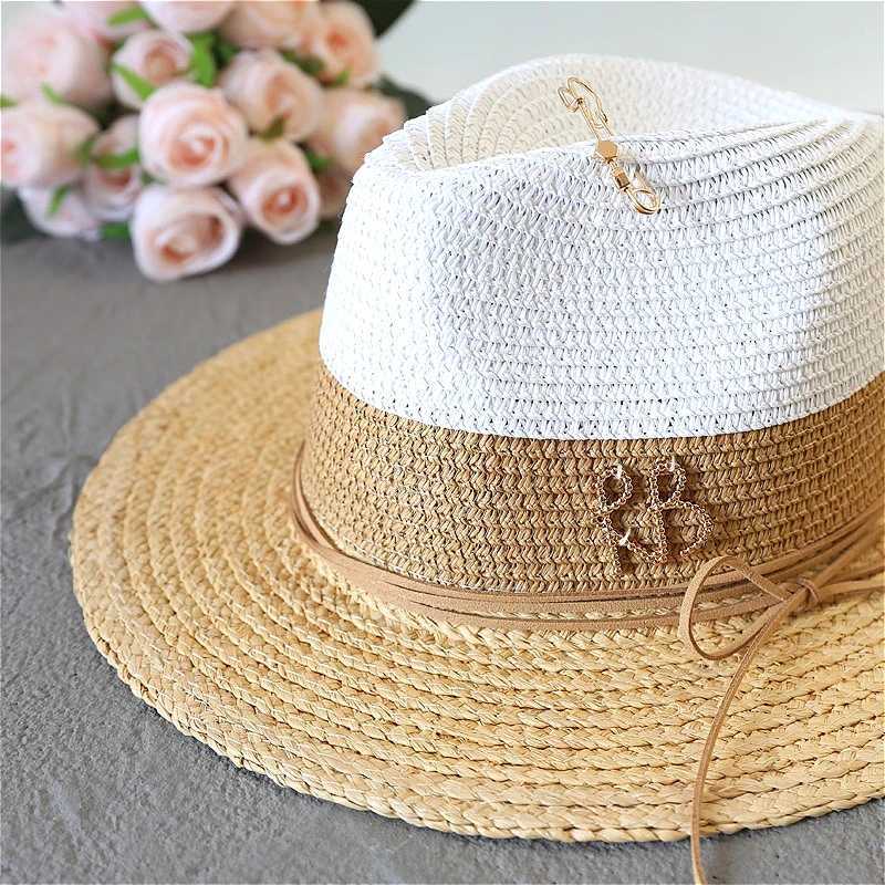 Summer Lafite Grass Spliced Fashion Sunshade Straw Hat Womens Wide Brim Jazz Beach Hat Holiday UV Protection Sunscreen Sun Hat W250602