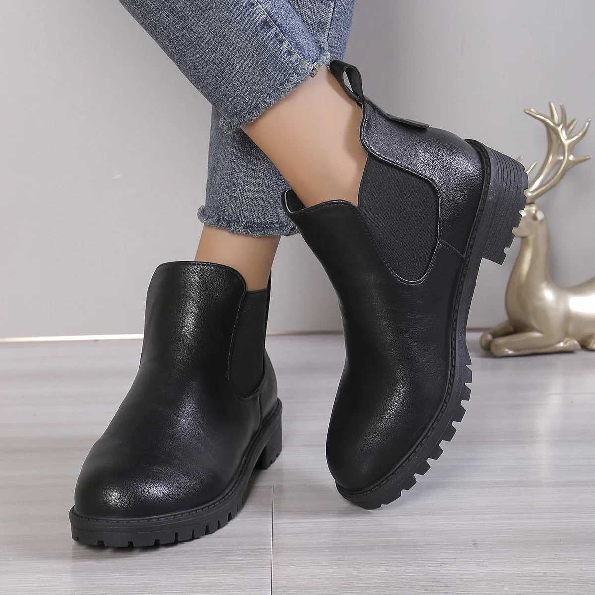 Womens Casual Chelsea Ankle Boots Round Toe Black PU Leather Short Boots Woman Comfort Low Heels Slip On Botas De Mujer 2024 XJ250602