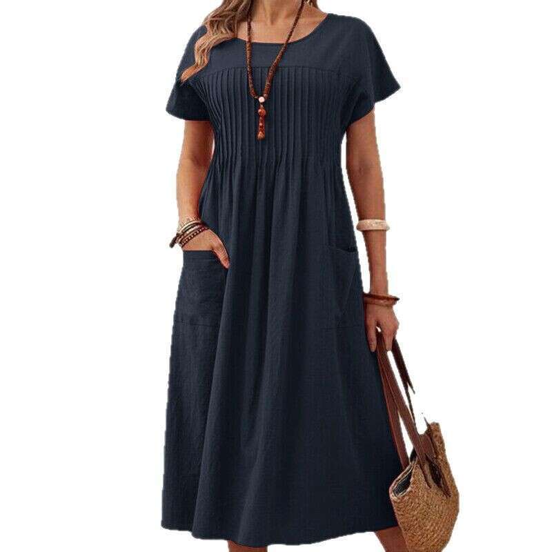 Women's Long New Solid Color Round Neck Pocket Pleated Short Sleeve Cotton Linen Dress B5