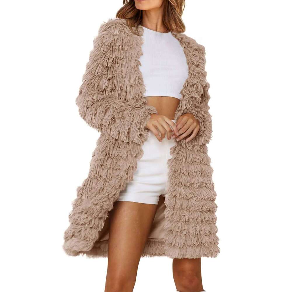 Women's 2023 Winter Sleeve Faux Fur Jackets Fall Fashion Black Khaki Pink Open Front Long Cardigan Coat Outerwear