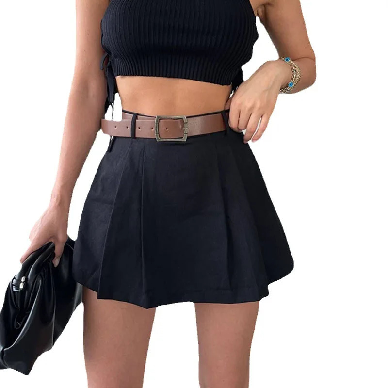 Retro Solid Color Womens Shorts Skirt Spring Casual Womens High Waist Pleated Mini Skirt Womens Street Slim Shorts Belt 250603