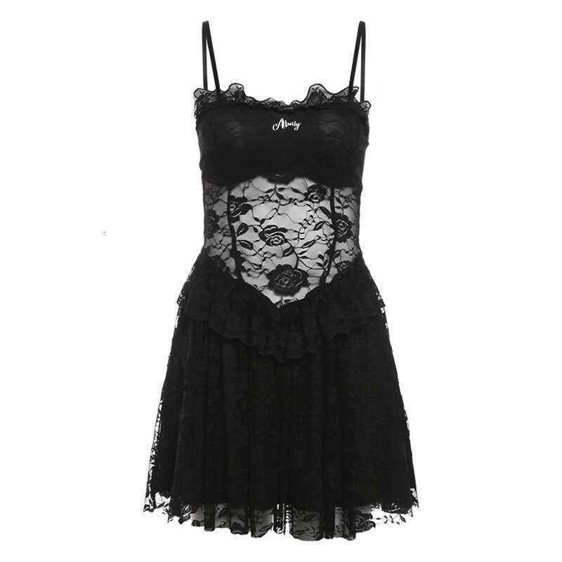 Spring New Women's Solid Color Sexy Lace Trim Patchwork Design Slim Fit Sheer Strap Dress B5