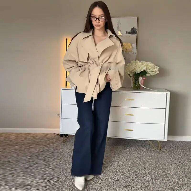 Casual Women's Bomber Jacket Chic Lace Up Lapel Collar Full Sleeve Female Coat Spring New Office Lady Outerwear Commuting