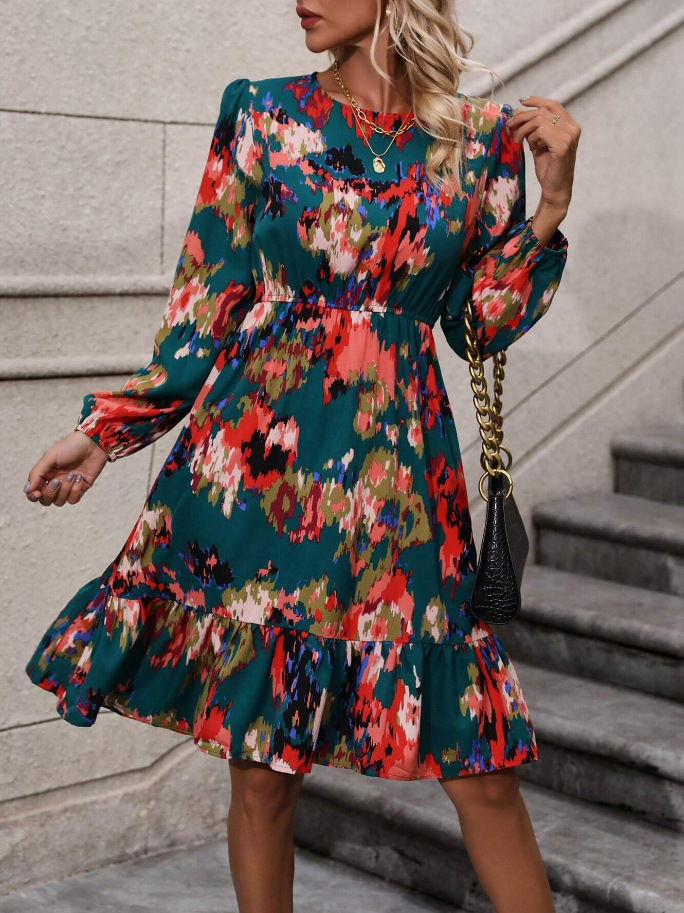 women's wear Long Sleeve Printed New Style Women's Ruffle Fashion Mid-Length Dress
