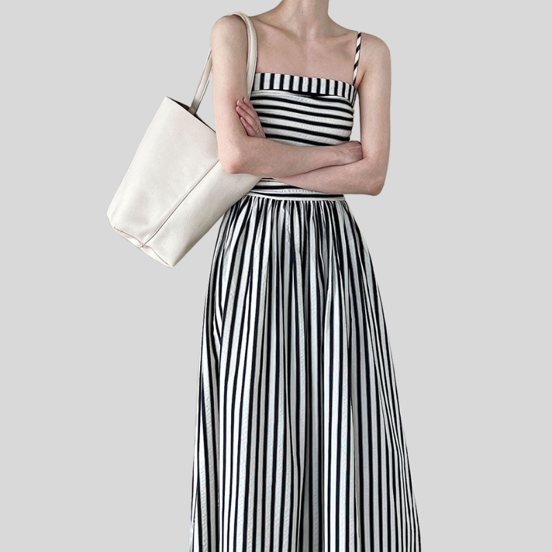 French striped tube top suspender dress for women's high-end off-the-shoulder pleated waist A-word long dress summer