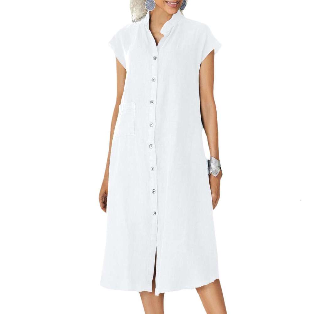 New Cardigan Stand Collar Single-Breasted Cotton Linen Pocket Plus Size Dress Slip B5