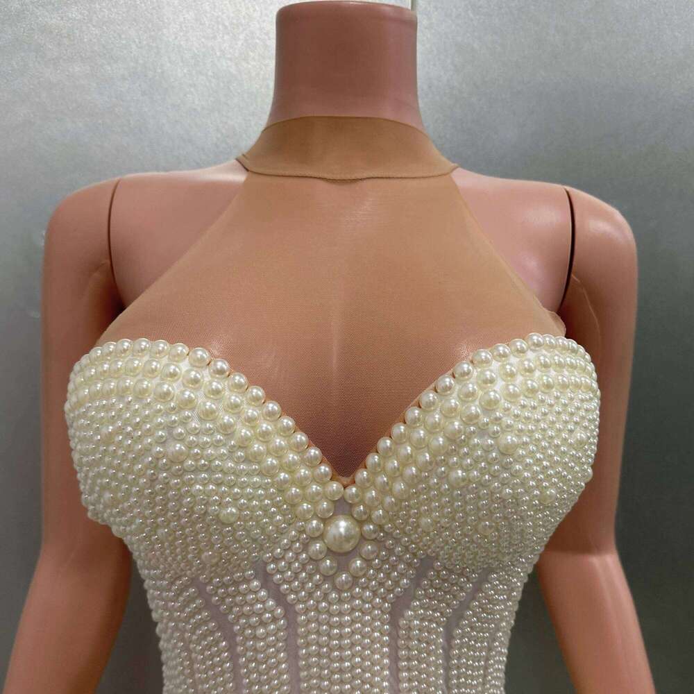 Pearls Beading Sexy Halter Backless Bodysuit Evening Party Performance Costume Bar Nightclub Singer Dancer Stage Wear