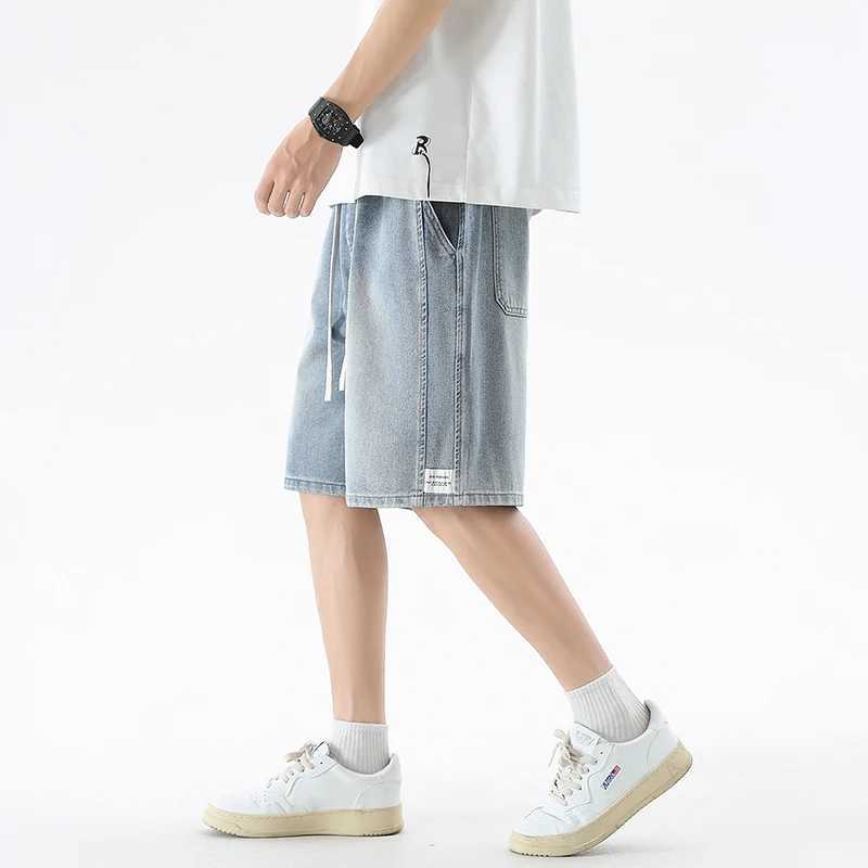 Summer Thin Baggy Mens Denim Shorts Streetwear Fashion Drawstring Loose Casual Wide Leg Knee-Length Short Jeans Retro Blue T250603