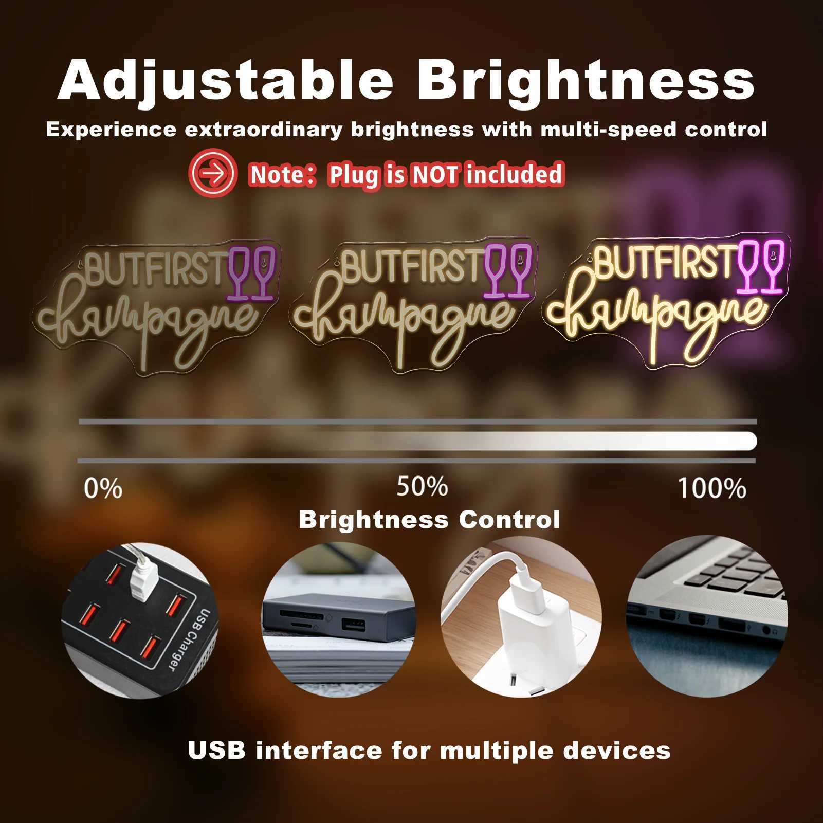 But First Champagne Neon Sign LED Light Up Sign Wall Decor for Home Bar Man Cave Birthdays Graduations Decor Light Dimmable USB XJ250602