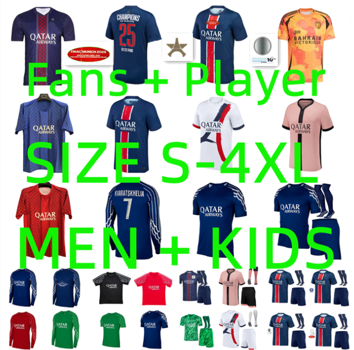 24 25 26 Maillots de Paris KVARATSKHELIA BARCOLA Soccer Jerseys Men Kids Kits Player Version 2025 2026 DONNARUMMA HAKIMI JOAO NEVES VITINHA DEMBELE Football Shirt
