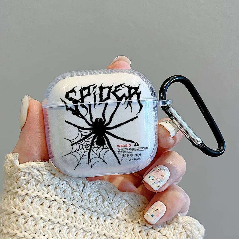 Black Spider Pattern Earphone Case Pro/Pro2 TPU Clear With Keychain For 3/4 Silicone Soft Protective Cover