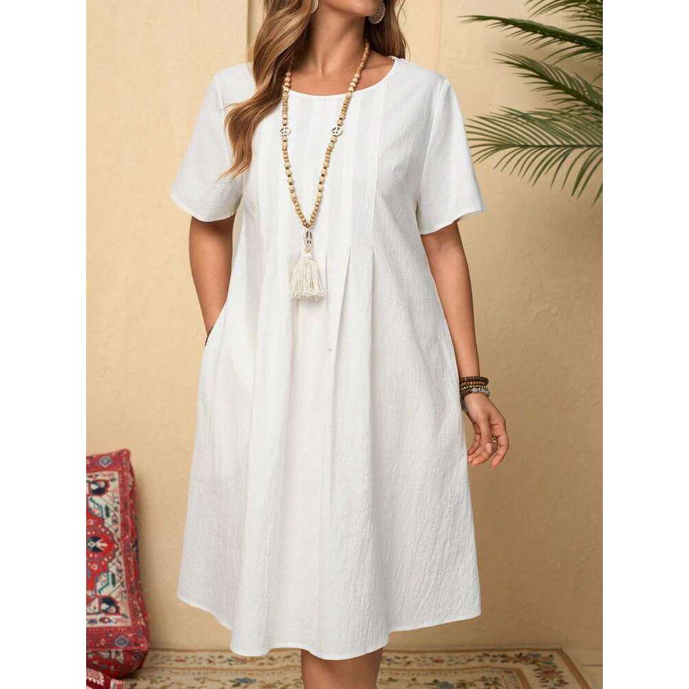 Spring Summer Loose Pocket Solid Color Round Neck Women's Cotton Linen Dress B5 b6