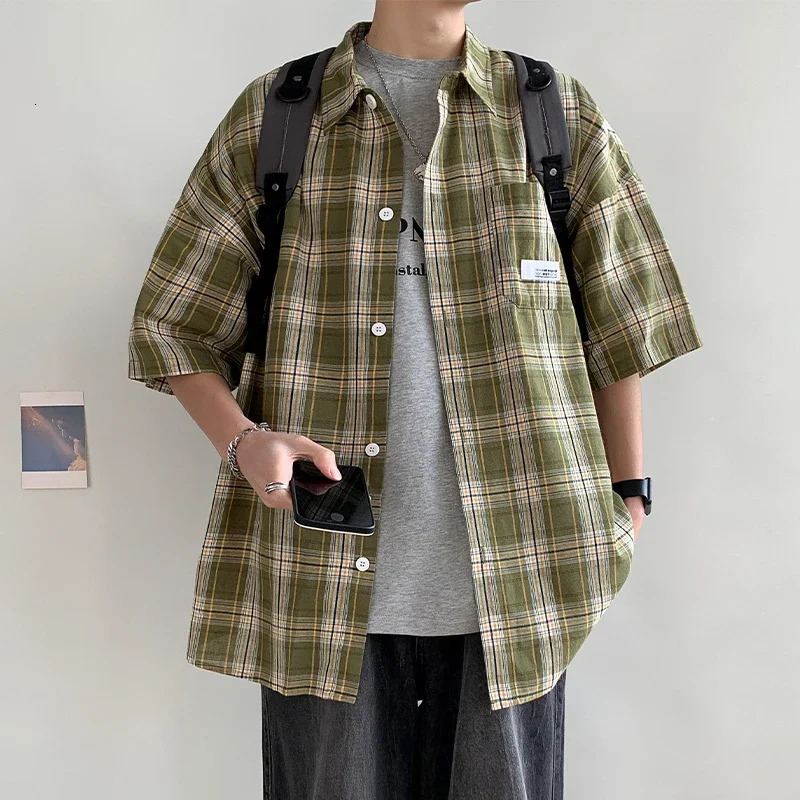 Y2k Streetwear Plaid Men Shirts Summer Fashion Chemise Homme Fashion Mens Checkered Shirts Short Sleeve Men Blouse 250603