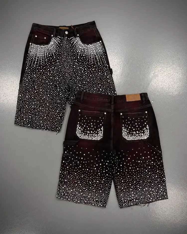 Streetwear Vintage Sequin Denim Shorts Y2K Jeans Mens Hip Hop Rhinestone Sequin Baggy Shorts Over The Knee Pants Casual Shorts T250603