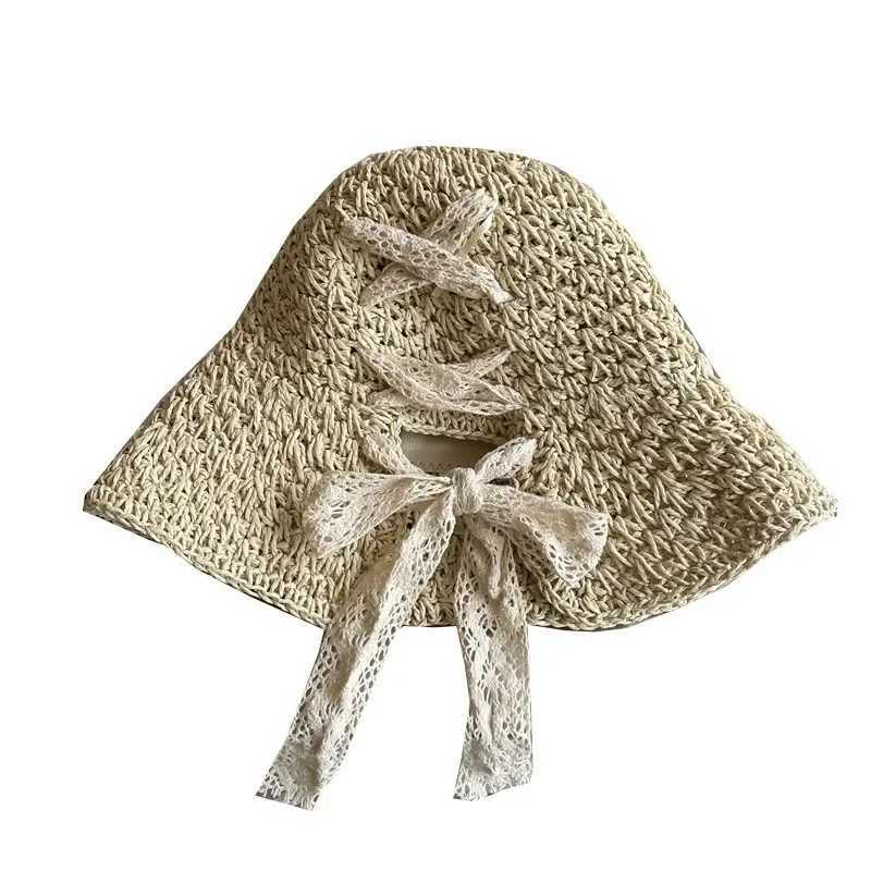 Straw Hat Womens Lace Bow Hollow Crochet Cap Summer Sunshade Sun Hat Fashion Foldable Beach Hat W250602
