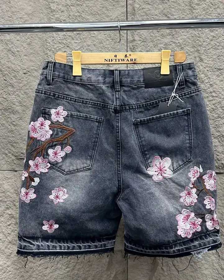 Cherry Blossom Embroidery Vintage Blue Denim Shorts Y2K Jeans Mens Womens Gothic Hip Hop Baggy Shorts Low Waist Casual Shorts T250603