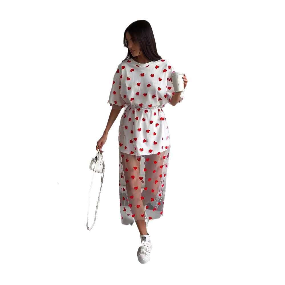 Hot Selling Heart Print Mesh Patchwork Solid Color For Women Spring Summer Breathable Thin Sexy Long Dress B5