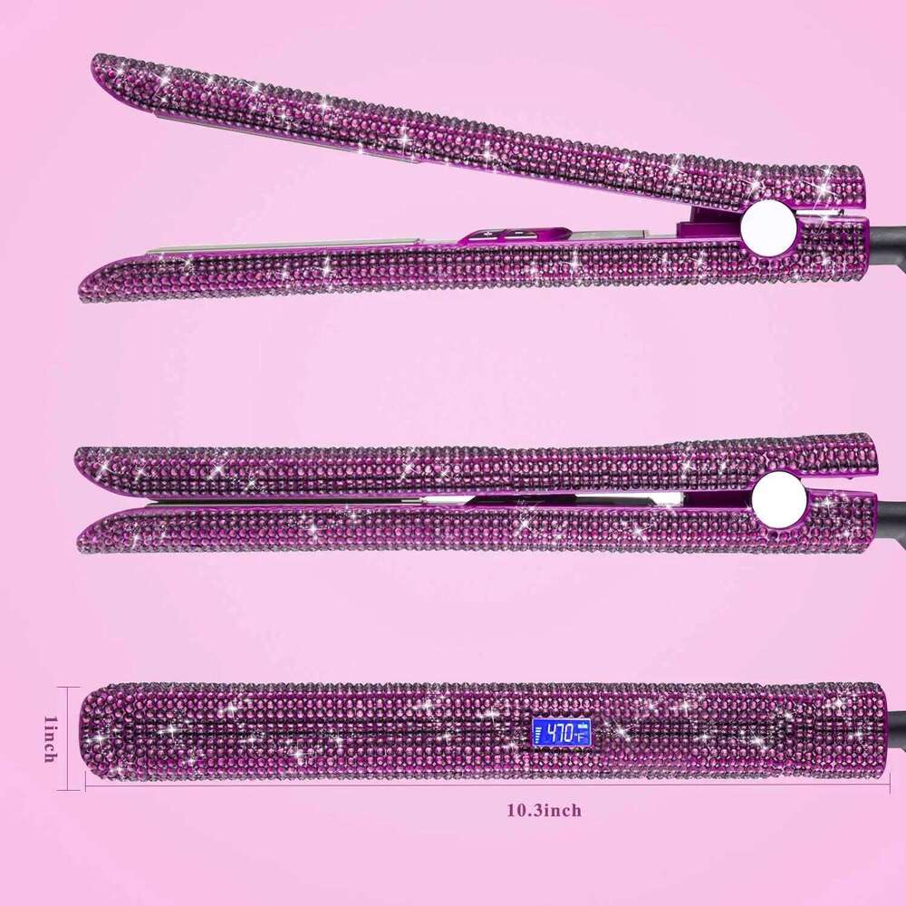Professional Hair Straightener Titanium Flat Rhinestone Straightening Iron Salon High Heat 470F Dual Voltage LCD Display