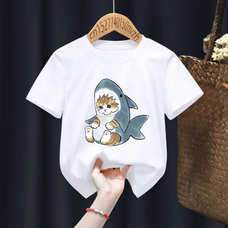 Cat Shark Funny Cute Print Casual Print Funny Boy Girl T-shirts Kid Children Manga Gift Present Black Harajuku Clothing T250603