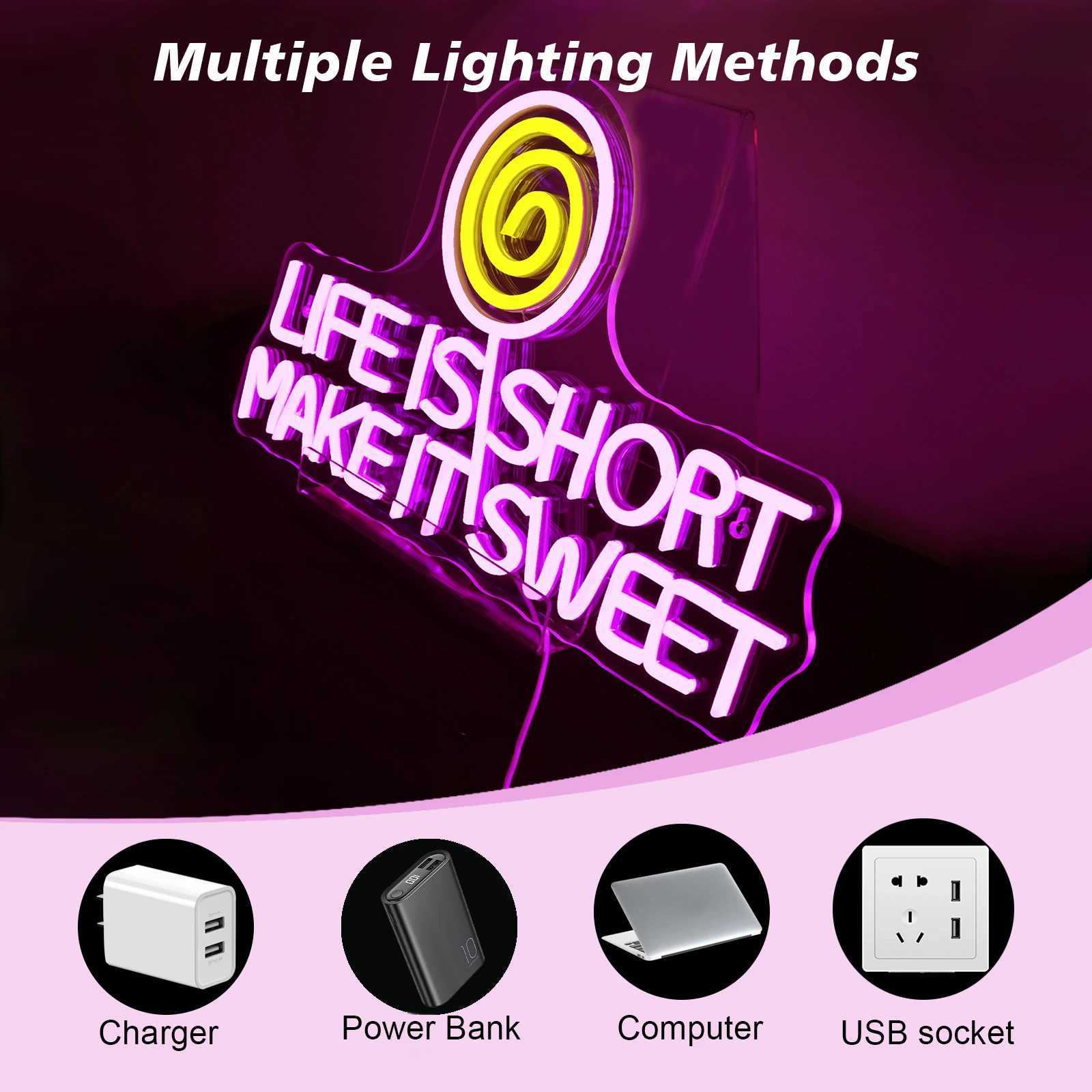 Life Is Short Make It Sweet Neon Signs LED Light Up Sign Shop Sign Candy Art Neon For Room Decoration Dessert Shop Dimmable XJ250602