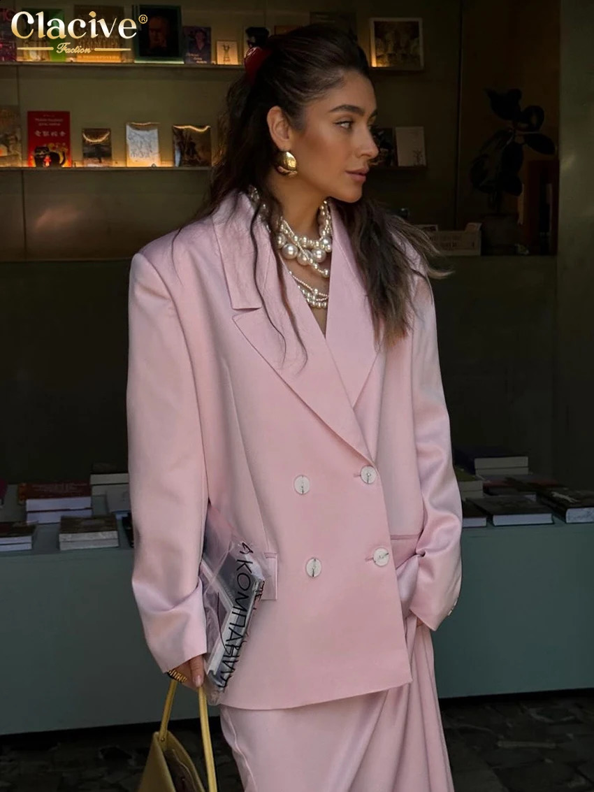 Clacive Fashion Loose Pink Satin Womens Two Pieces Set 2025 Elegant Long Sleeve Blazer With High Waist Maxi Skirt Set Female 250530