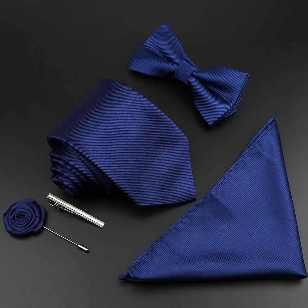 Solid Color Silk Men Tie Set Polyester Jacquard Woven Necktie Bowtie Suit Vintage Red Blue For Groom Business Wedding Party 250530