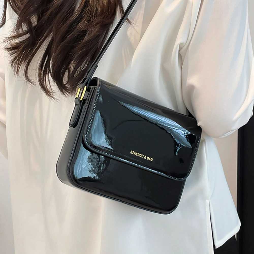 Glossy Patent Leather Square Bags Women Letter Print Flap Crossbody Bags Large Capacity Female Daily Commute Messenger Packs Y250603