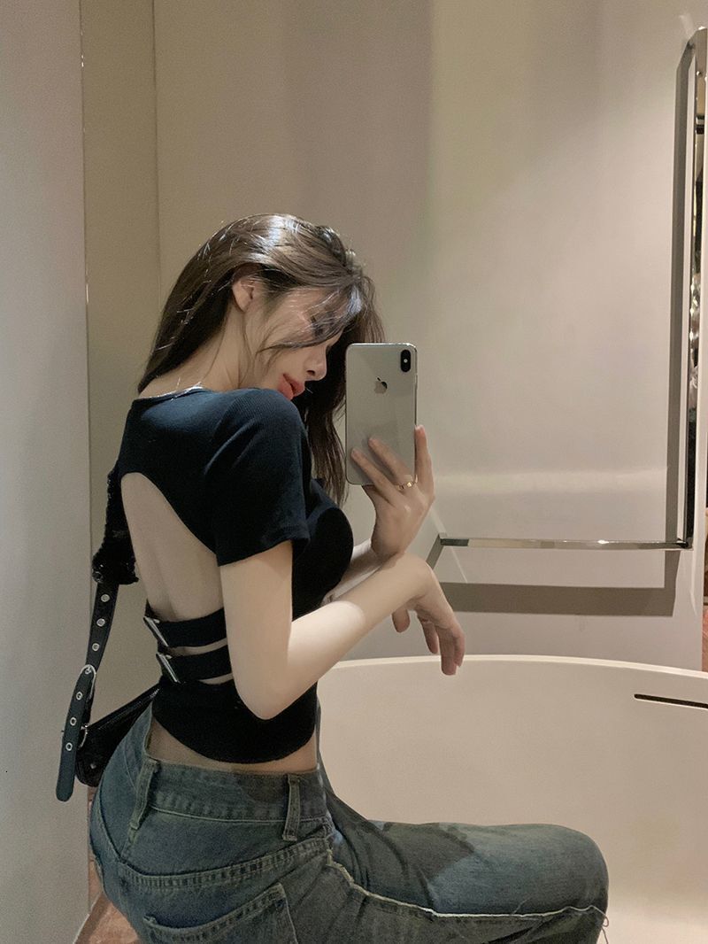 2025 new spring and summer women's T-shirt new American spicy girl hollow out backless top women's summer slim fit square neck designer shor