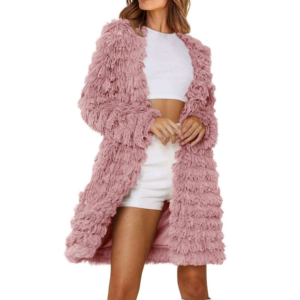 Women's 2023 Winter Sleeve Faux Fur Jackets Fall Fashion Black Khaki Pink Open Front Long Cardigan Coat Outerwear