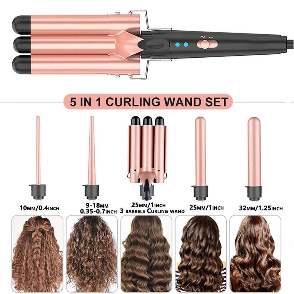 Waver Iron Wand, 5 in 1 Curling Set with 3 Barrel Crimper for Women, Fast Heating Hair Wand Curler