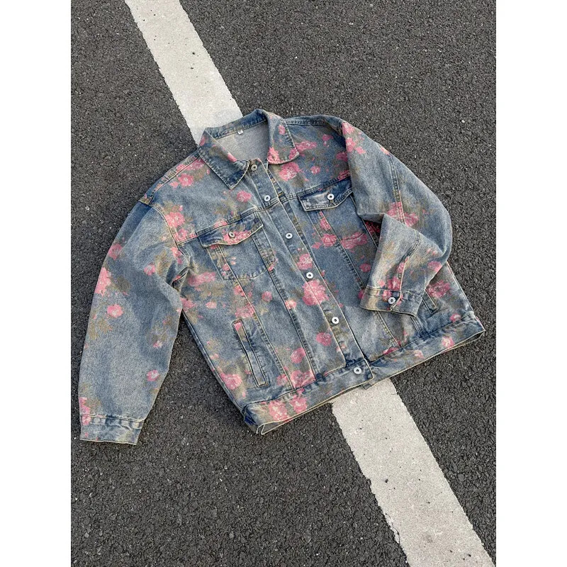 Rose Print Denim Jackets for Men Women Vintage Jeans Coats Gothic Oversized Mens Casual Clothes 250603