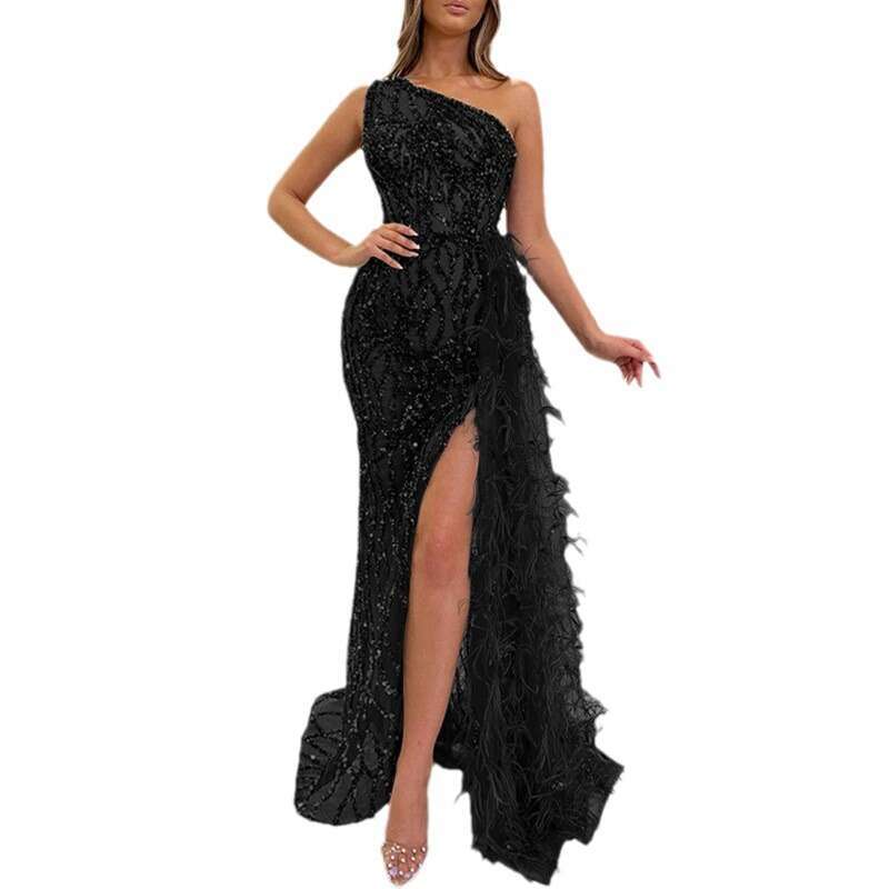 New Solid Color Sequin Fairy Long Sleeveless Fashion Slim Fit Elegant Mid-Length Evening Dress B5