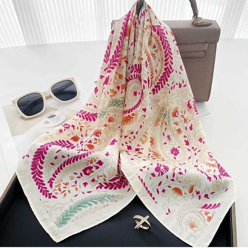 Design Shawl Neckerchief 2024 Square Silk Scarf for Women Fashion Flower Print Satin Hand Bag Wrist Wraps Lady Scarves Bandana W250602