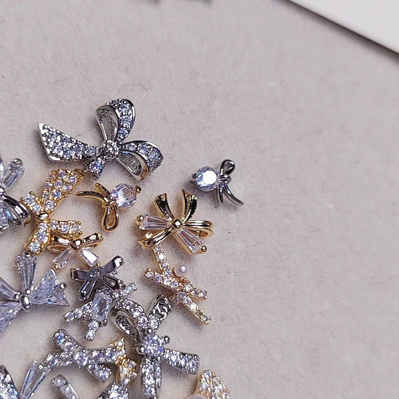10 PCS Korean-style small bow-tie mini copper-inlaid zirconia super shiny alloy nail decoration accessories 250528