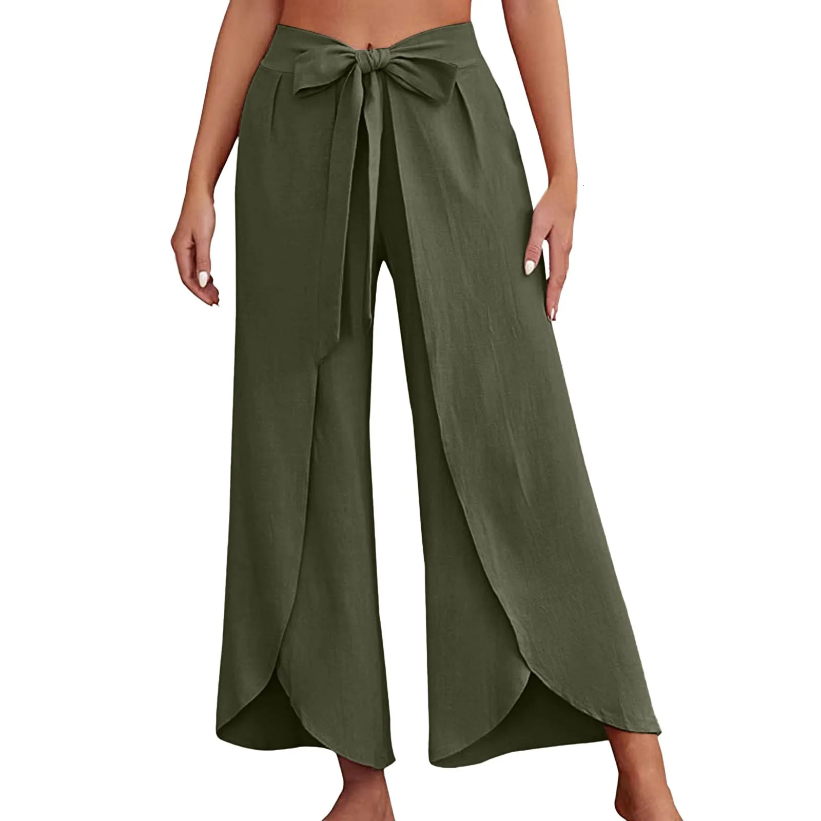 Bohemian Women Flowy Wide Leg Pants Casual Summer Beach Pants Lace-Up Fashion Solid Color Baggy Trousers Pantalones De Mujer 250603